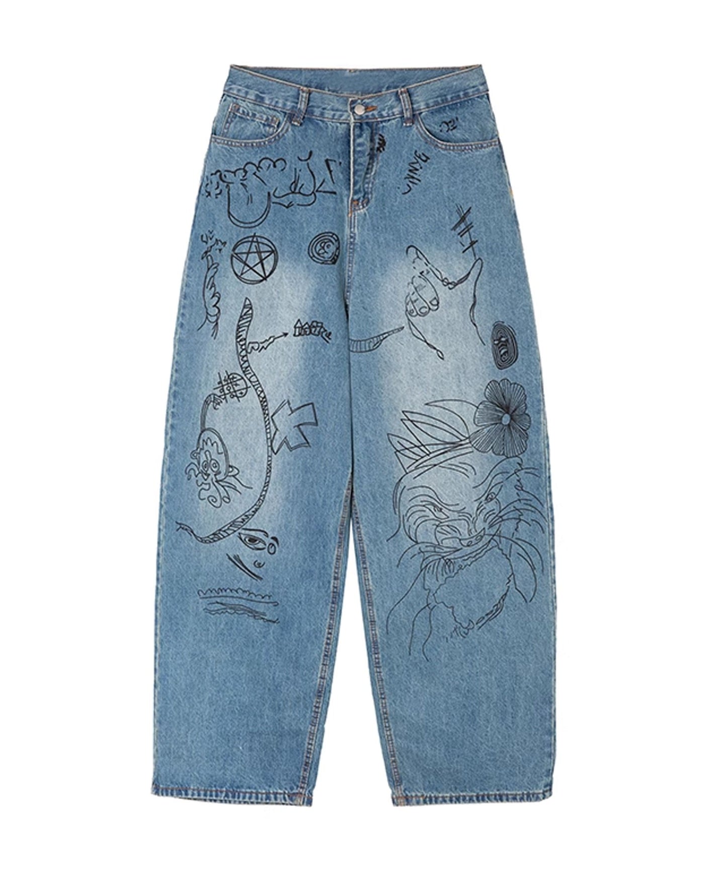 Theater code / illustration print wide denim pants