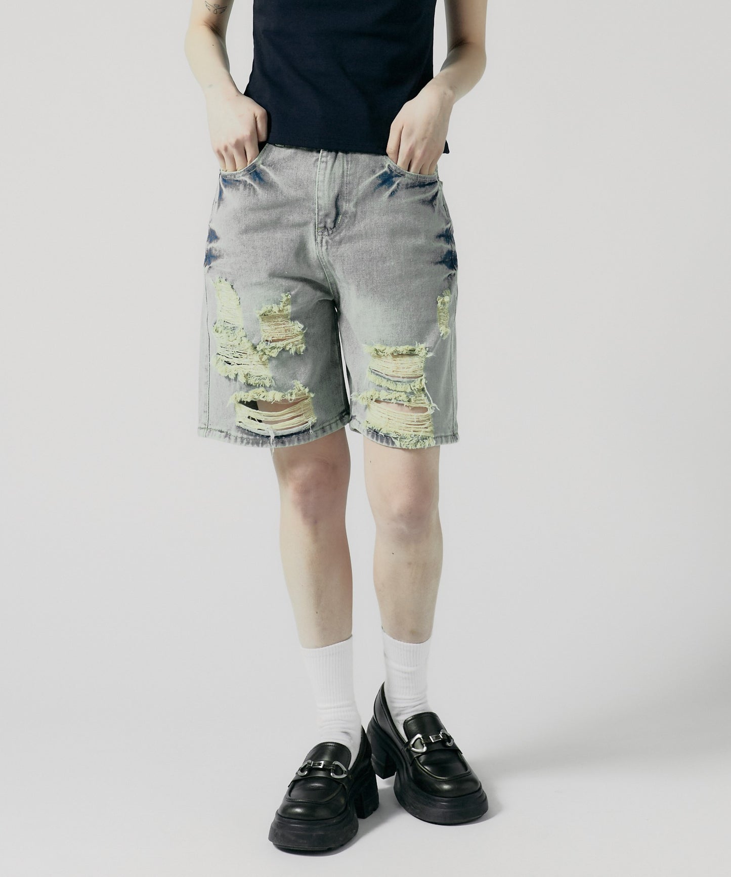Chick / Damage Denim Half Pants ヴィンテージデニム風 ダメージ加工パンツ