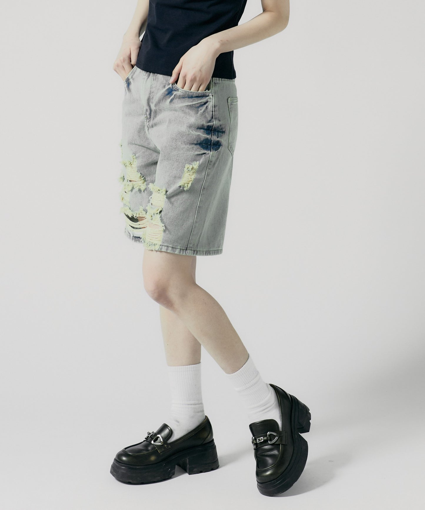 Chick / Damage Denim Half Pants ヴィンテージデニム風 ダメージ加工パンツ