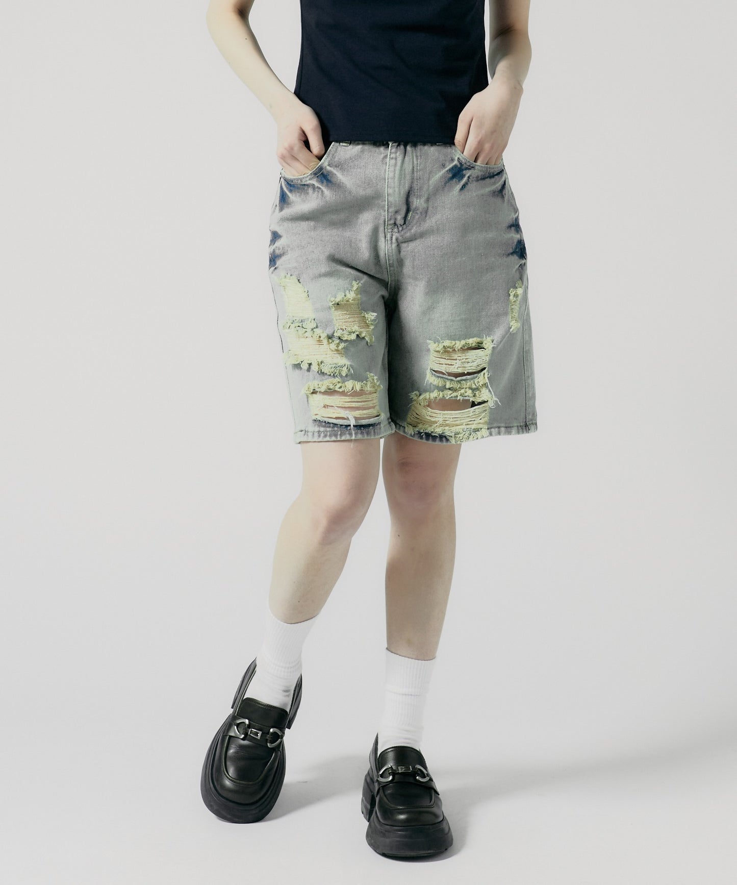 Chick / Damage Denim Half Pants ヴィンテージデニム風 ダメージ加工パンツ