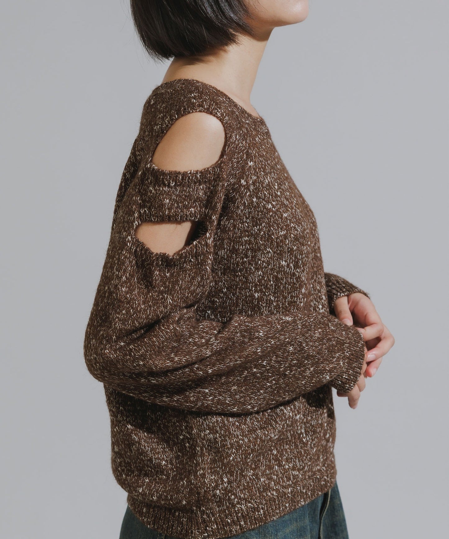 Shoulder Cutout Design Melange Knit