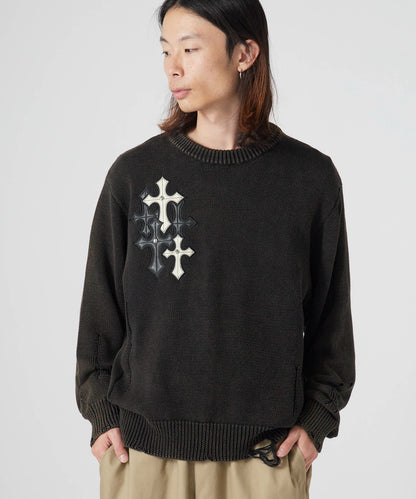SUPPLIER / Dietressed Multiple Cross Leather patch Crew Knit
