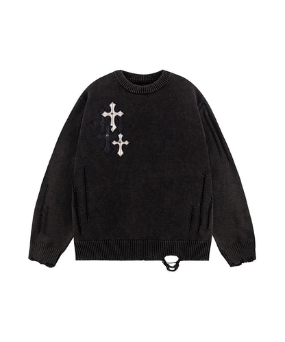 SUPPLIER / Dietressed Multiple Cross Leather patch Crew Knit