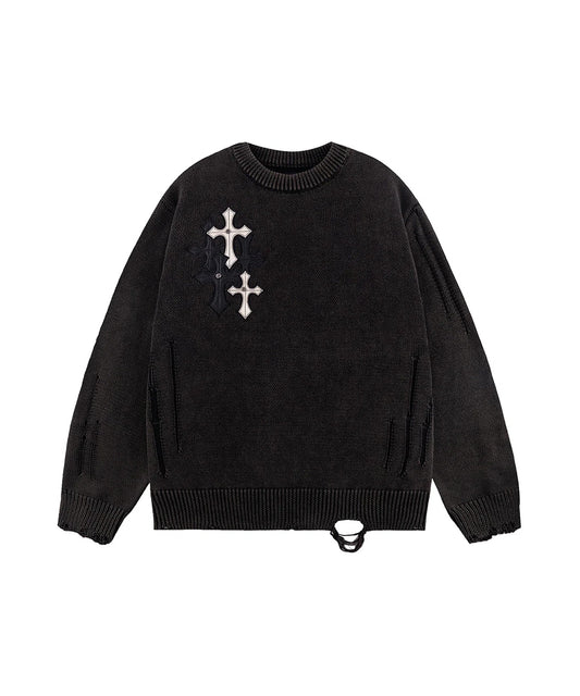 SUPPLIER / Dietressed Multiple Cross Leather patch Crew Knit