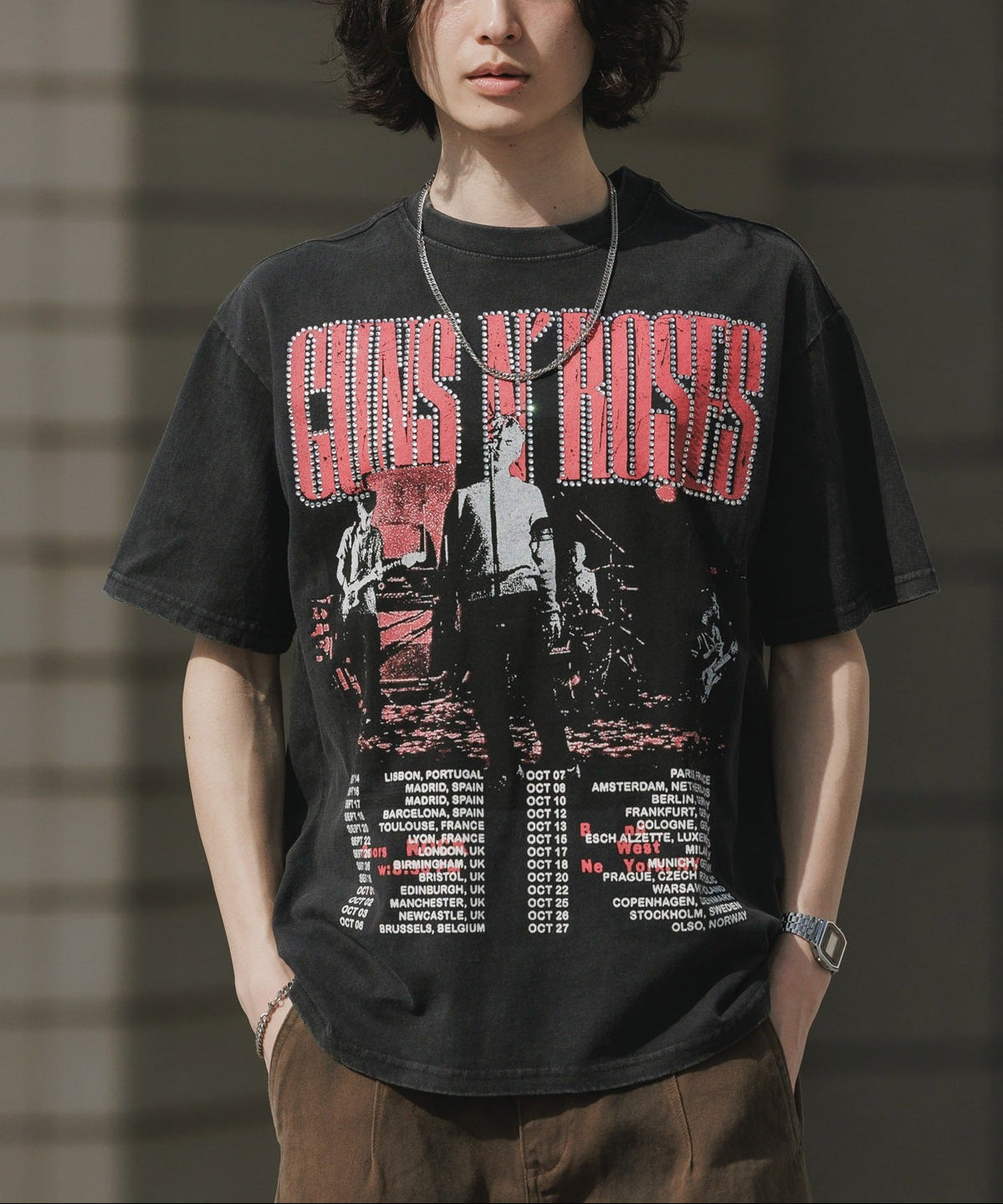 ALL RUNS / Rhinestone Design Crew Neck Band T-Shirt