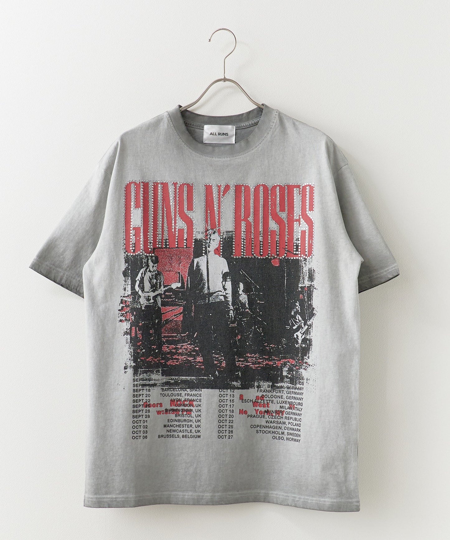 ALL RUNS / Rhinestone Design Crew Neck Band T-Shirt