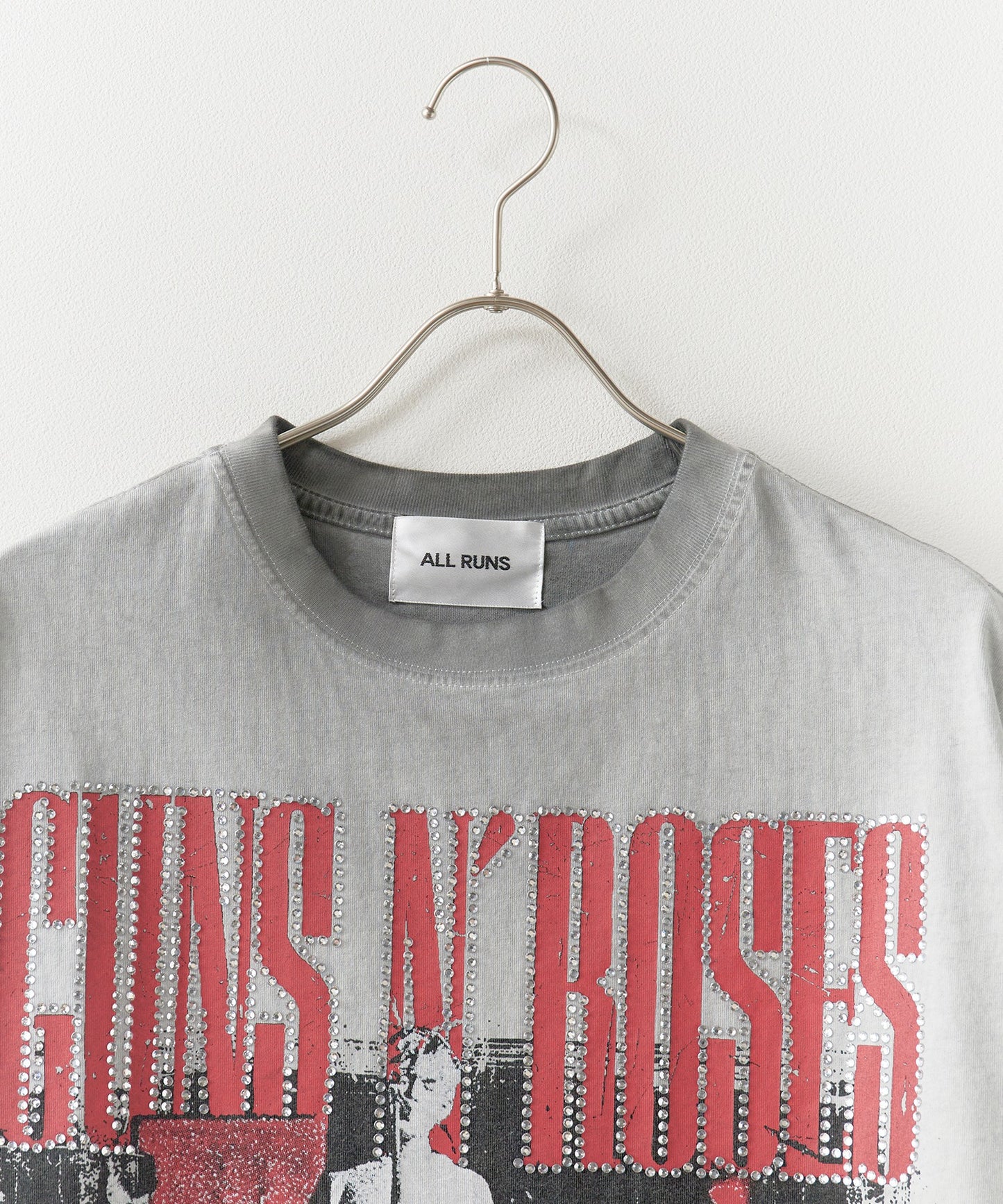 ALL RUNS / Rhinestone Design Crew Neck Band T-Shirt