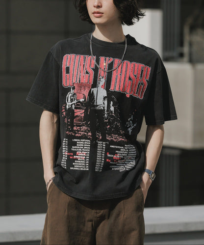 ALL RUNS / Rhinestone Design Crew Neck Band T-Shirt
