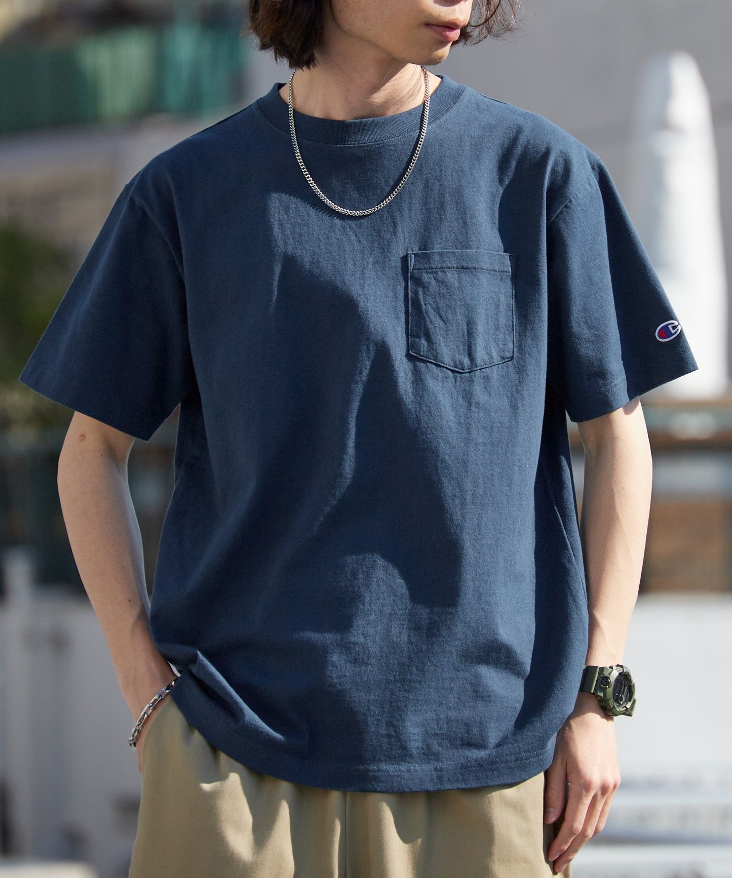 Champion/チャンピオン ロゴワッペン クルーネック 半袖ポケットTシャツ