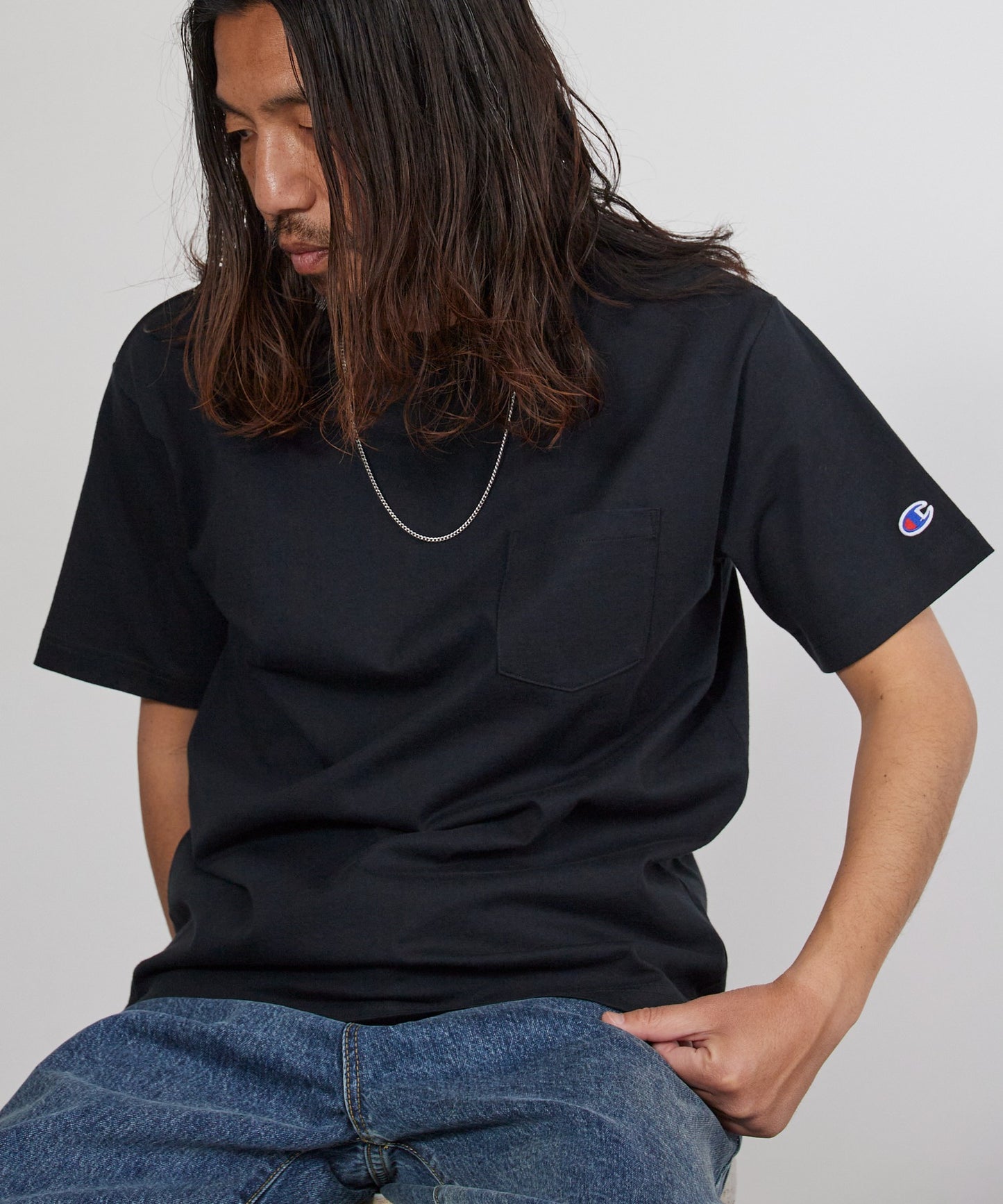 Champion/チャンピオン ロゴワッペン クルーネック 半袖ポケットTシャツ