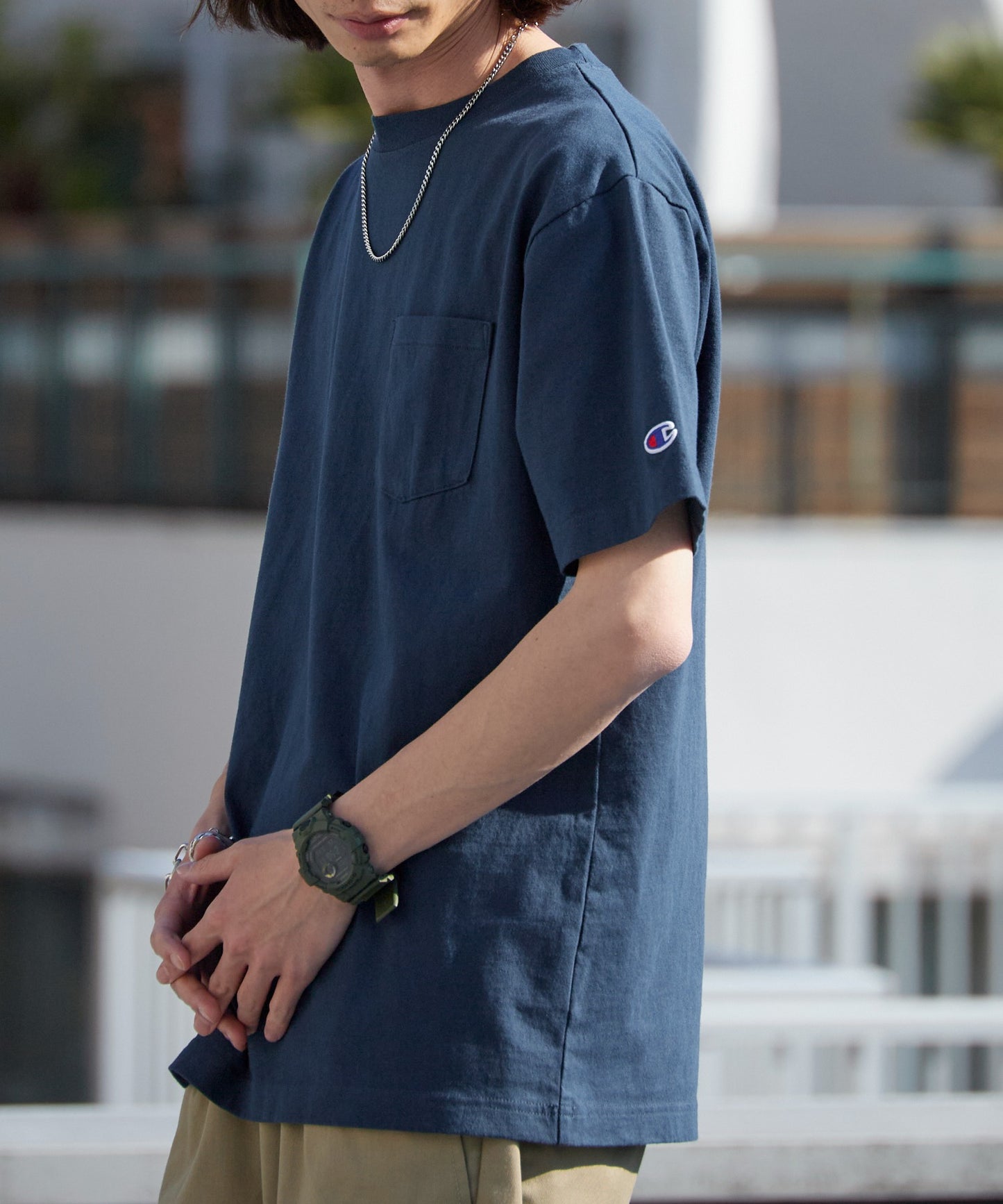 Champion/チャンピオン ロゴワッペン クルーネック 半袖ポケットTシャツ