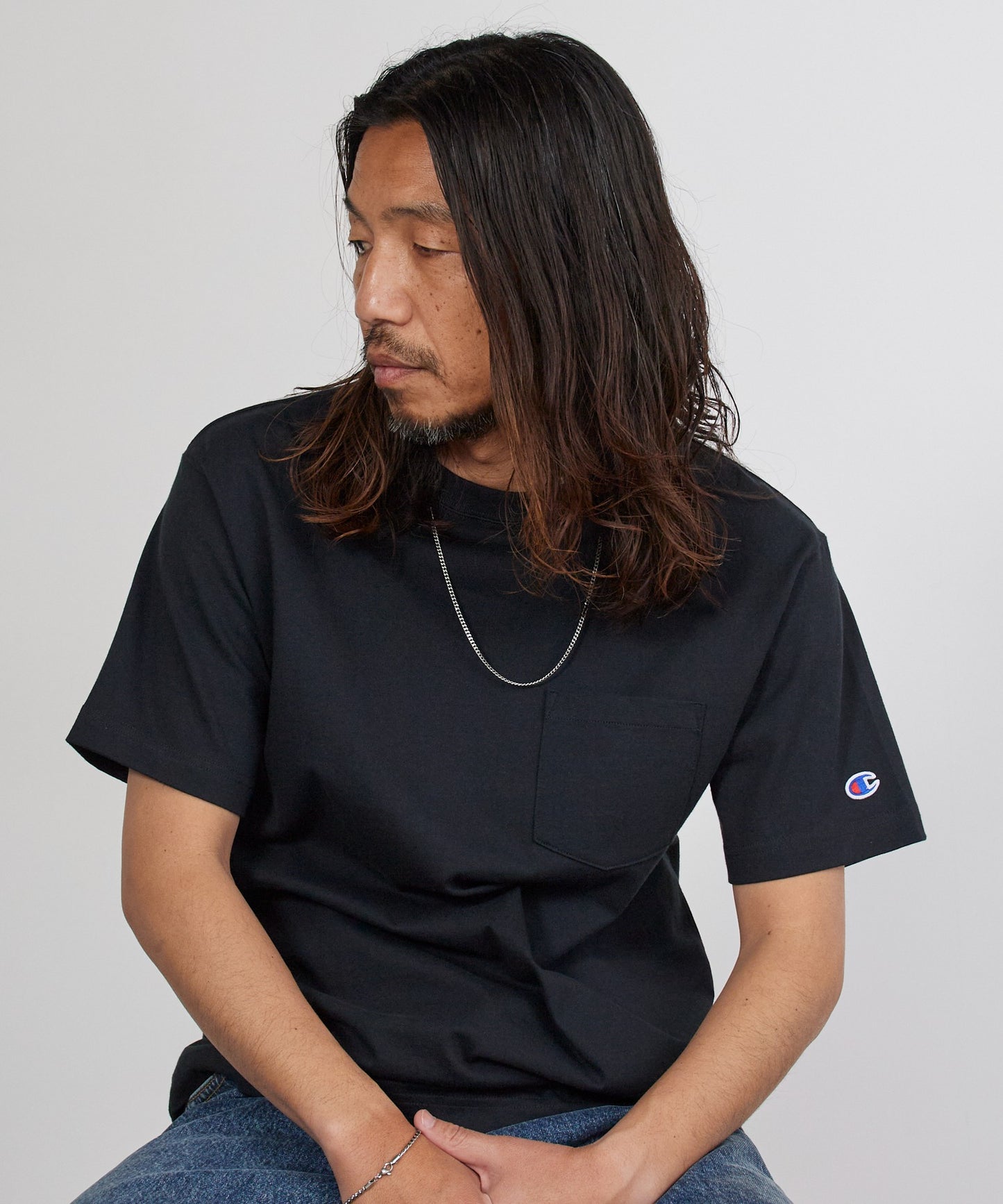Champion/チャンピオン ロゴワッペン クルーネック 半袖ポケットTシャツ