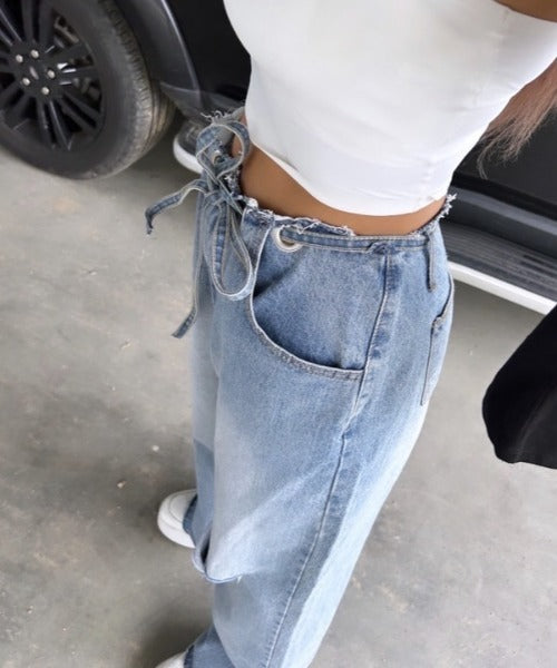 ipugo / 紐ベルトオーバサイズダメージデニム