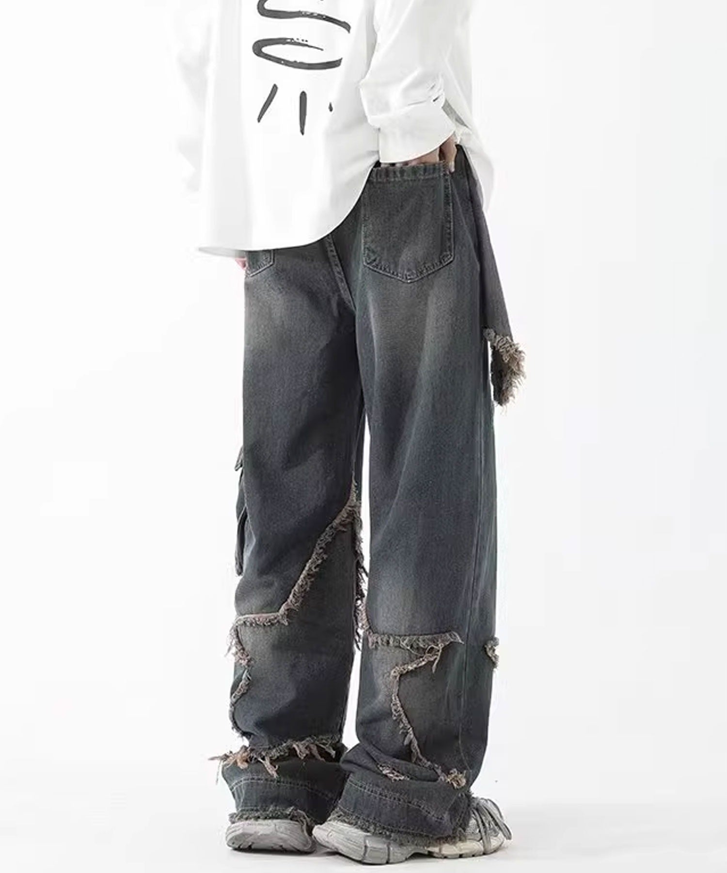 Theater code / star fringe denim pants