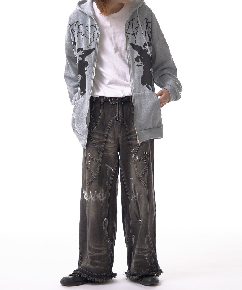 Theater code / irregular switching graffiti denim pants