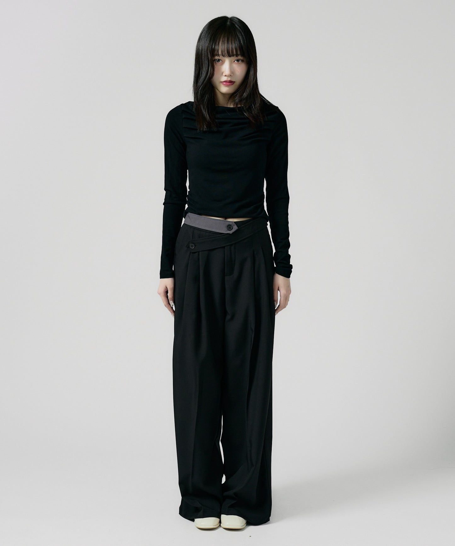 Chick / Double Button High-Waist Wide Slacks ウエストベルト 2タック ワイドスラックス