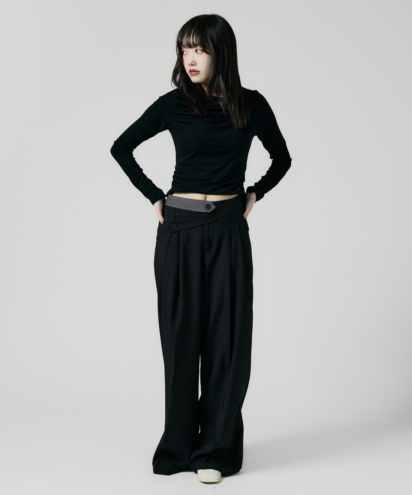 Chick / Double Button High-Waist Wide Slacks ウエストベルト 2タック ワイドスラックス