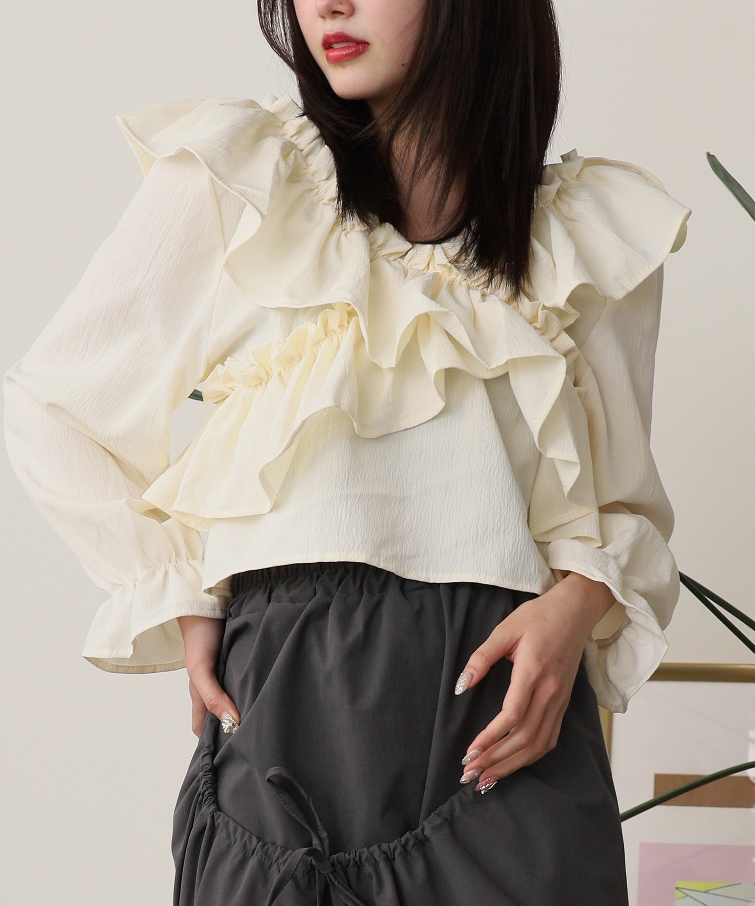 ROOPTOKYO / ショート丈 オフショル クロスリボンブラウス キャンディースリーブ