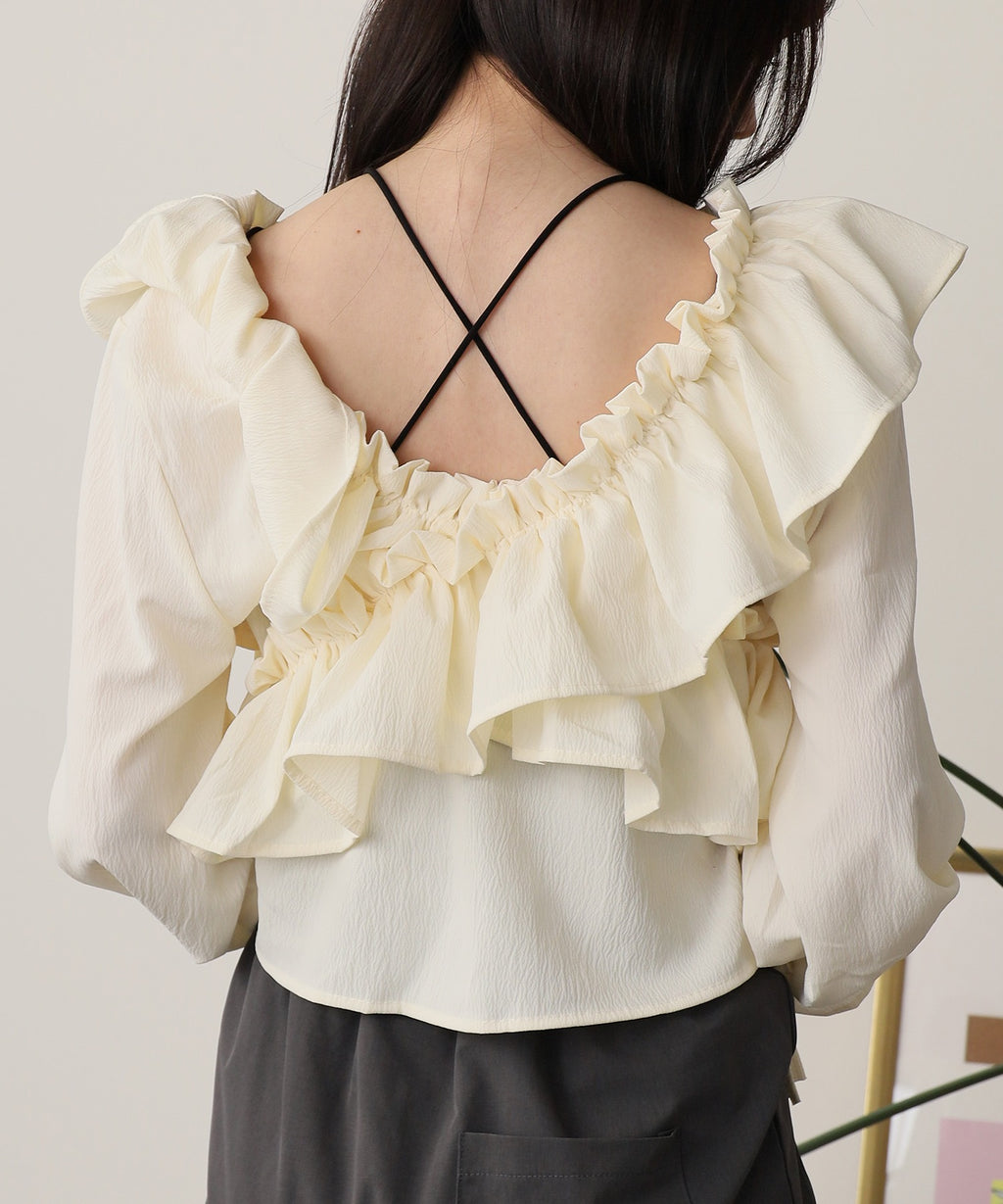 ROOPTOKYO / ショート丈 オフショル クロスリボンブラウス キャンディースリーブ