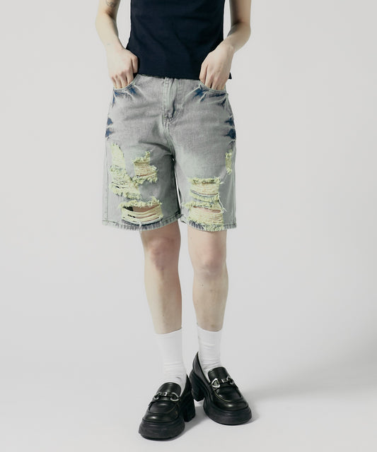 Chick / Damage Denim Half Pants ヴィンテージデニム風 ダメージ加工パンツ