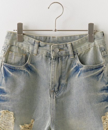 Chick / Damage Denim Half Pants ヴィンテージデニム風 ダメージ加工パンツ