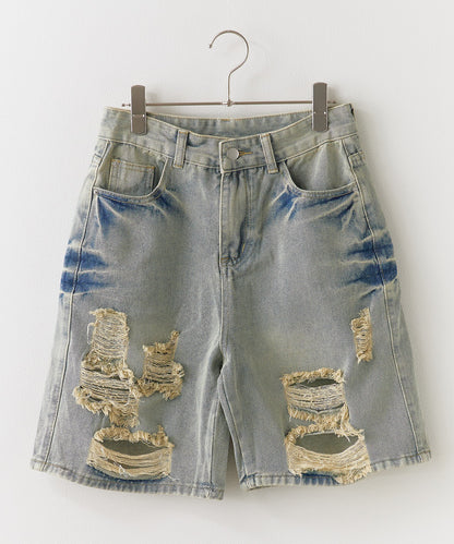 Chick / Damage Denim Half Pants ヴィンテージデニム風 ダメージ加工パンツ