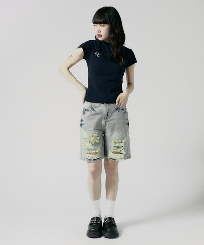 Chick / Damage Denim Half Pants ヴィンテージデニム風 ダメージ加工パンツ