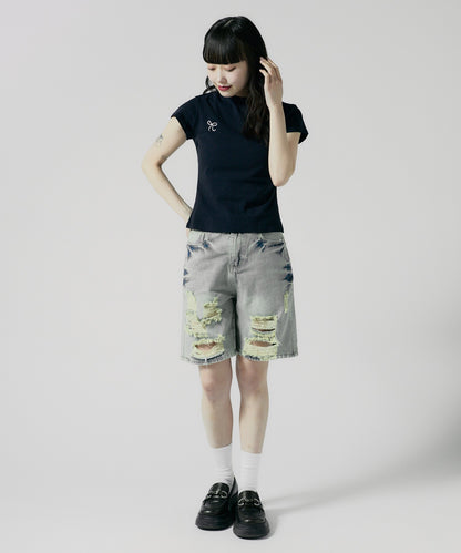Chick / Damage Denim Half Pants ヴィンテージデニム風 ダメージ加工パンツ