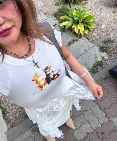 ipugo/キャットプリント レースクロップドTEE Tシャツ