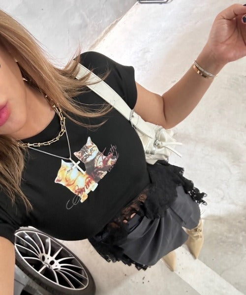 ipugo/キャットプリント レースクロップドTEE Tシャツ