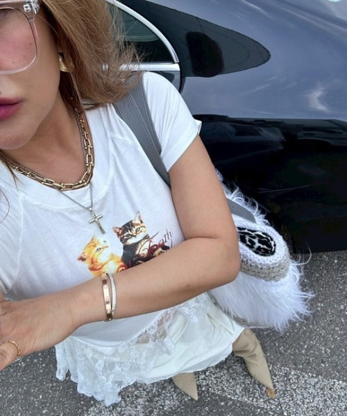 ipugo/キャットプリント レースクロップドTEE Tシャツ