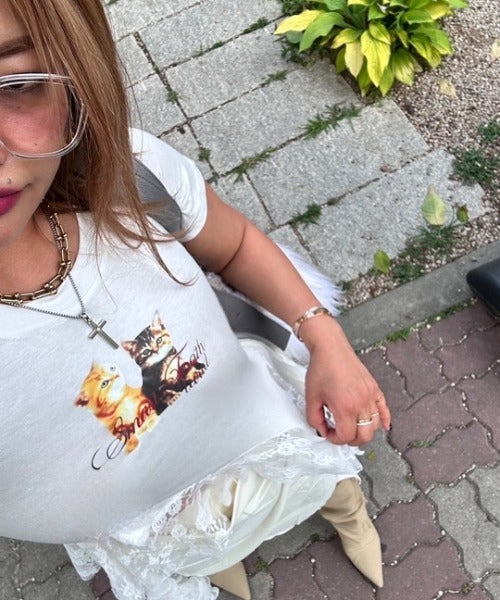 ipugo/キャットプリント レースクロップドTEE Tシャツ