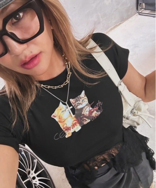 ipugo/キャットプリント レースクロップドTEE Tシャツ
