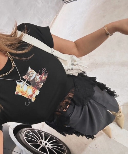 ipugo/キャットプリント レースクロップドTEE Tシャツ