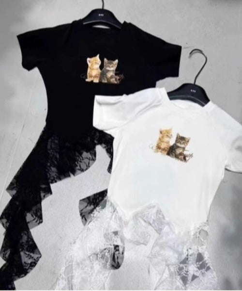 ipugo/キャットプリント レースクロップドTEE Tシャツ