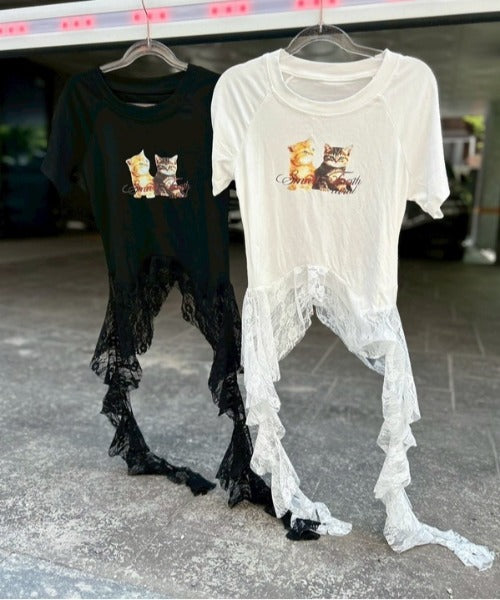 ipugo/キャットプリント レースクロップドTEE Tシャツ