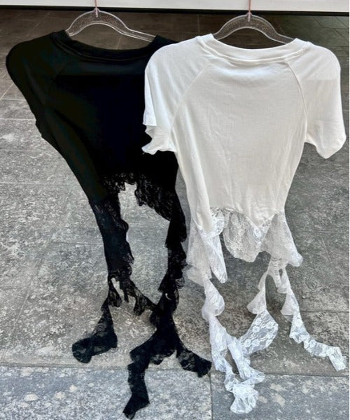 ipugo/キャットプリント レースクロップドTEE Tシャツ