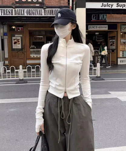 High neck zip-up tops