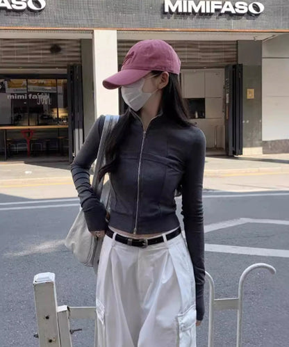 High neck zip-up tops