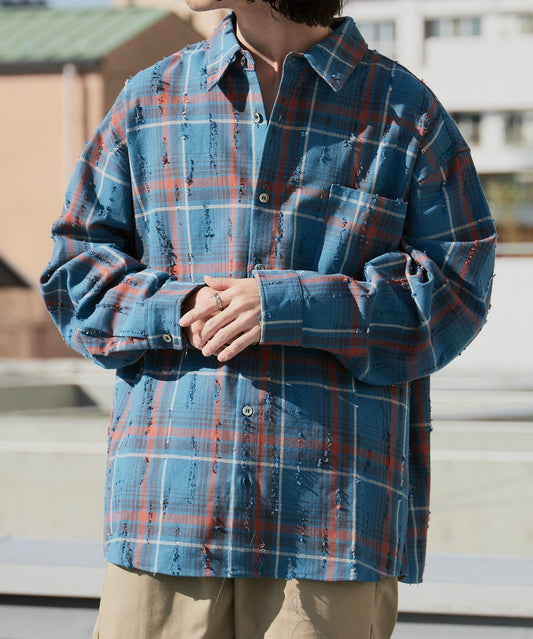 ALL RUNS / ダメージ加工 チェックシャツ