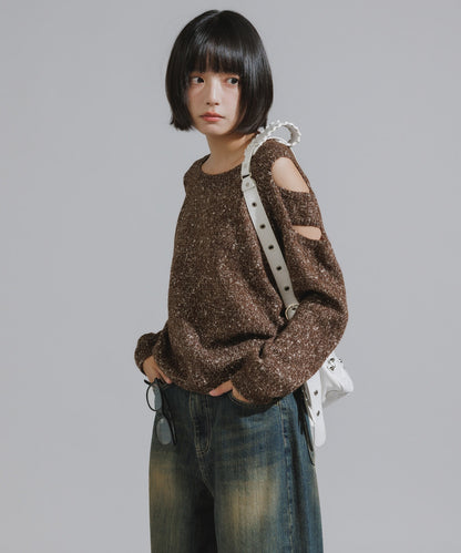 Shoulder Cutout Design Melange Knit