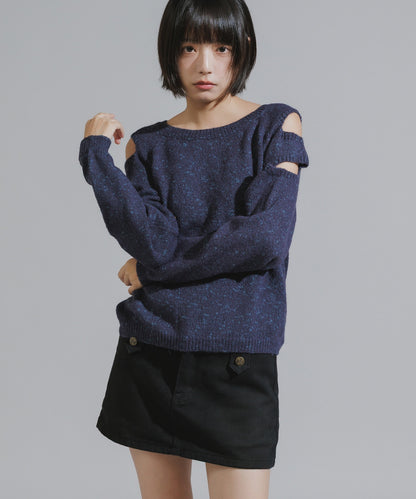 Shoulder Cutout Design Melange Knit