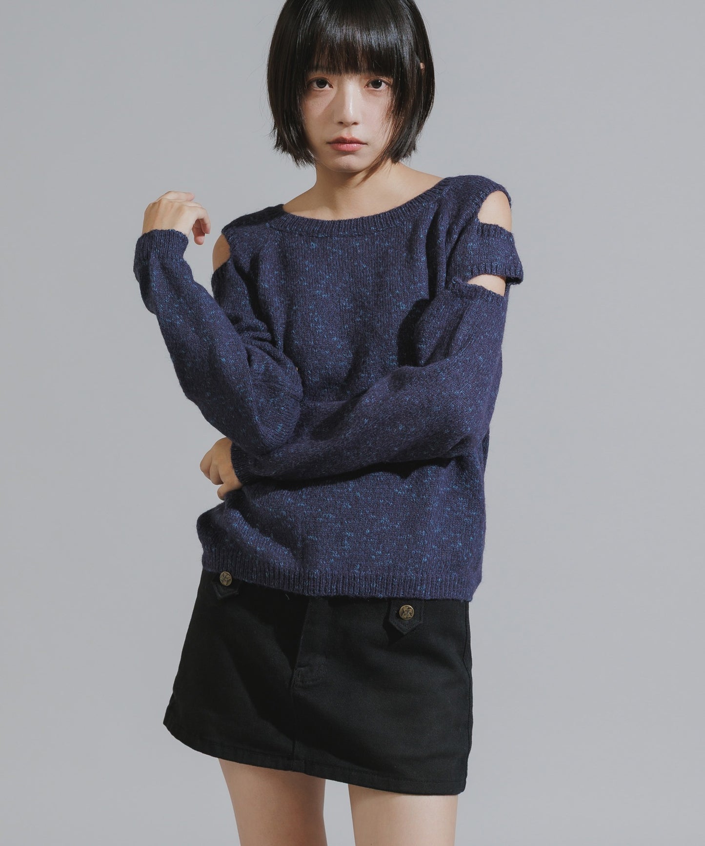 Shoulder Cutout Design Melange Knit