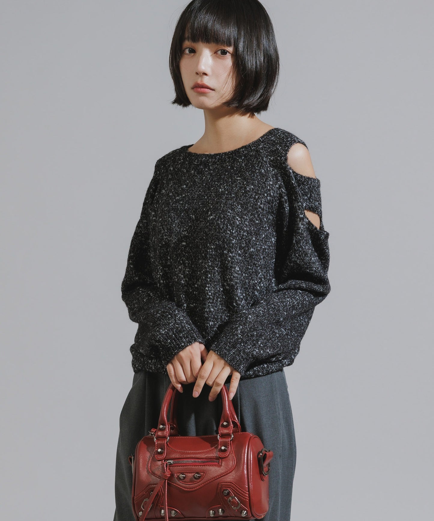 Shoulder Cutout Design Melange Knit