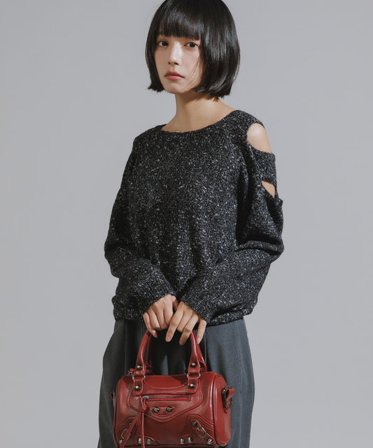 Shoulder Cutout Design Melange Knit