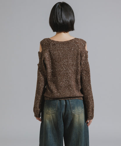 Shoulder Cutout Design Melange Knit