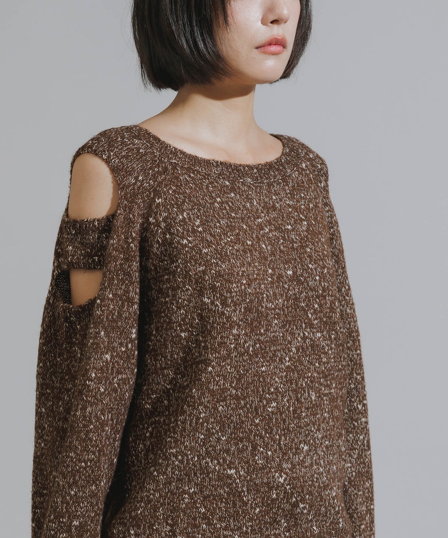 Shoulder Cutout Design Melange Knit
