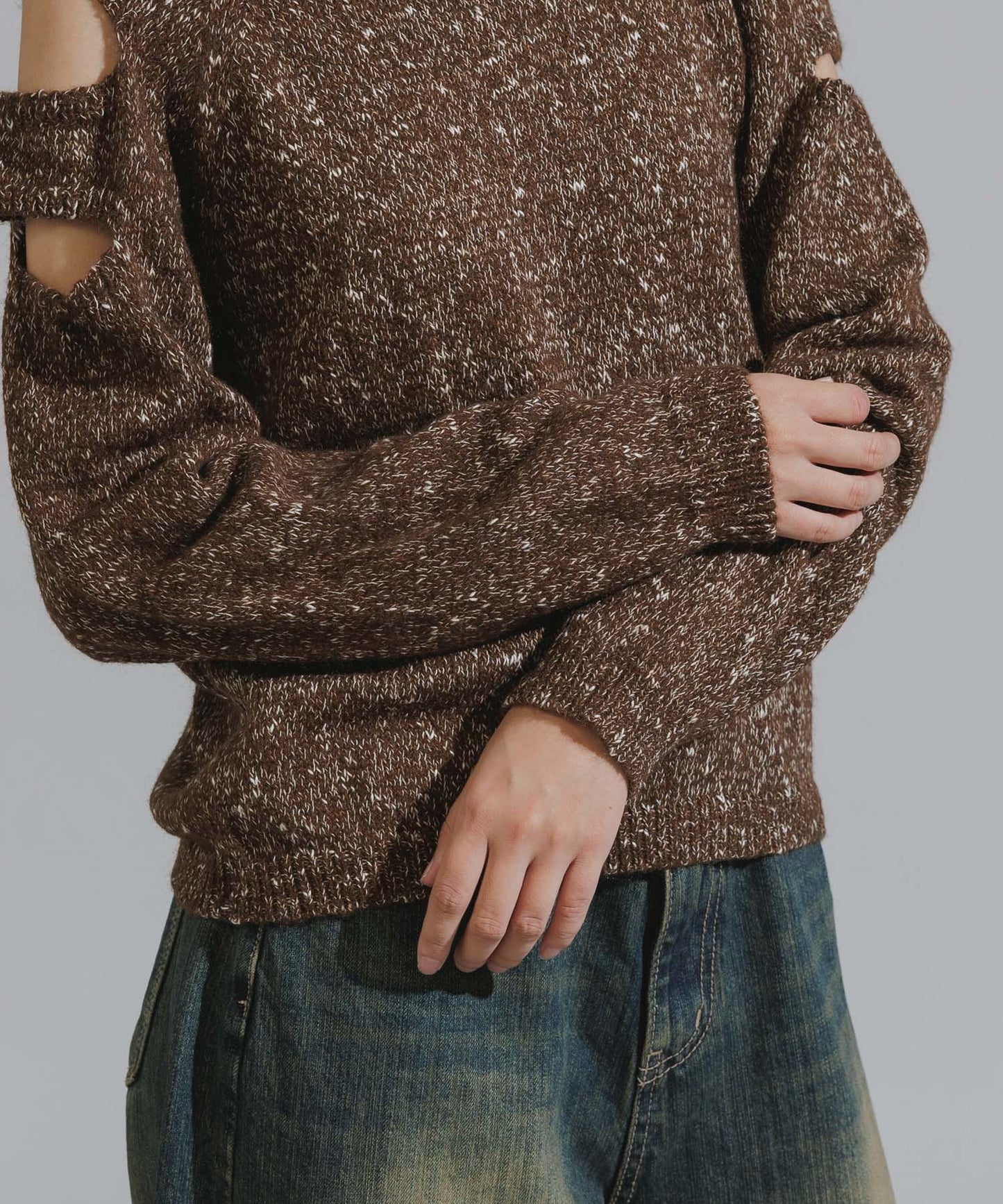 Shoulder Cutout Design Melange Knit