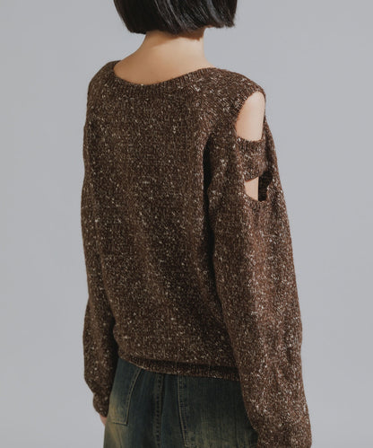 Shoulder Cutout Design Melange Knit