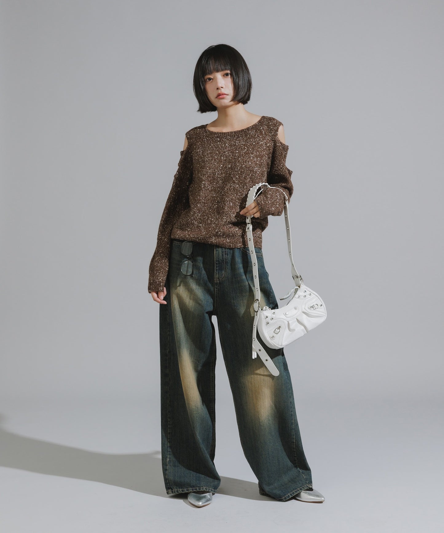 Shoulder Cutout Design Melange Knit